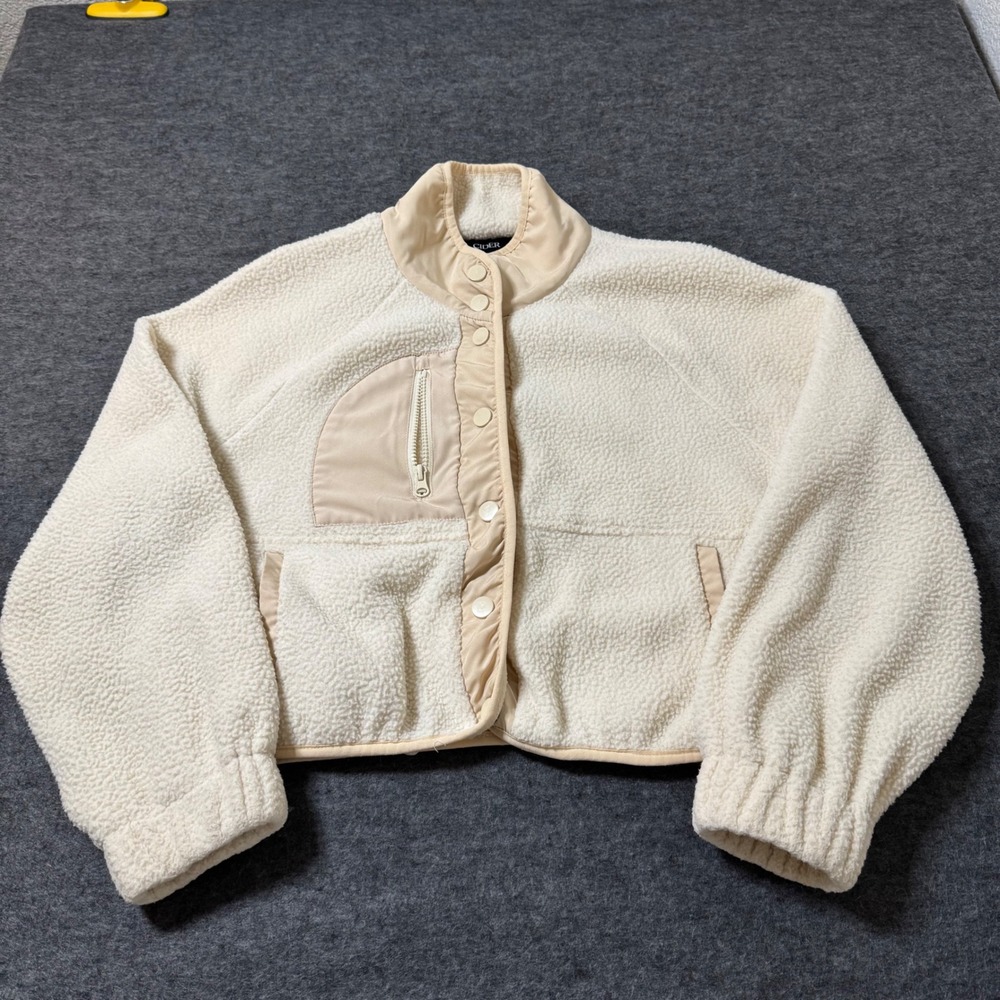 Cider Women Cream Teddy Fleece Cropped Jacket Tan Trim Snap Front Small